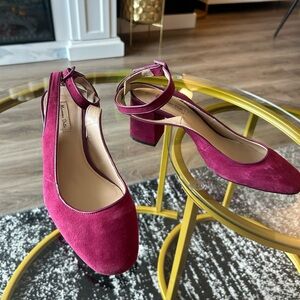 Massimo Dutti Magenta Suede Ankle-Strap Block Heels